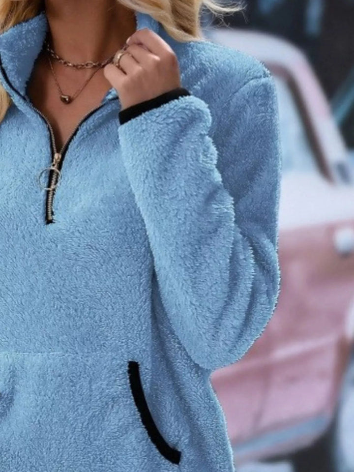Women's Fleece Half-Zip Pullover - Stand Collar Front Pocket