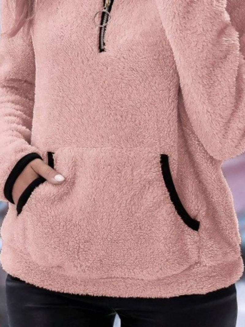 Women's Fleece Half-Zip Pullover - Stand Collar Front Pocket