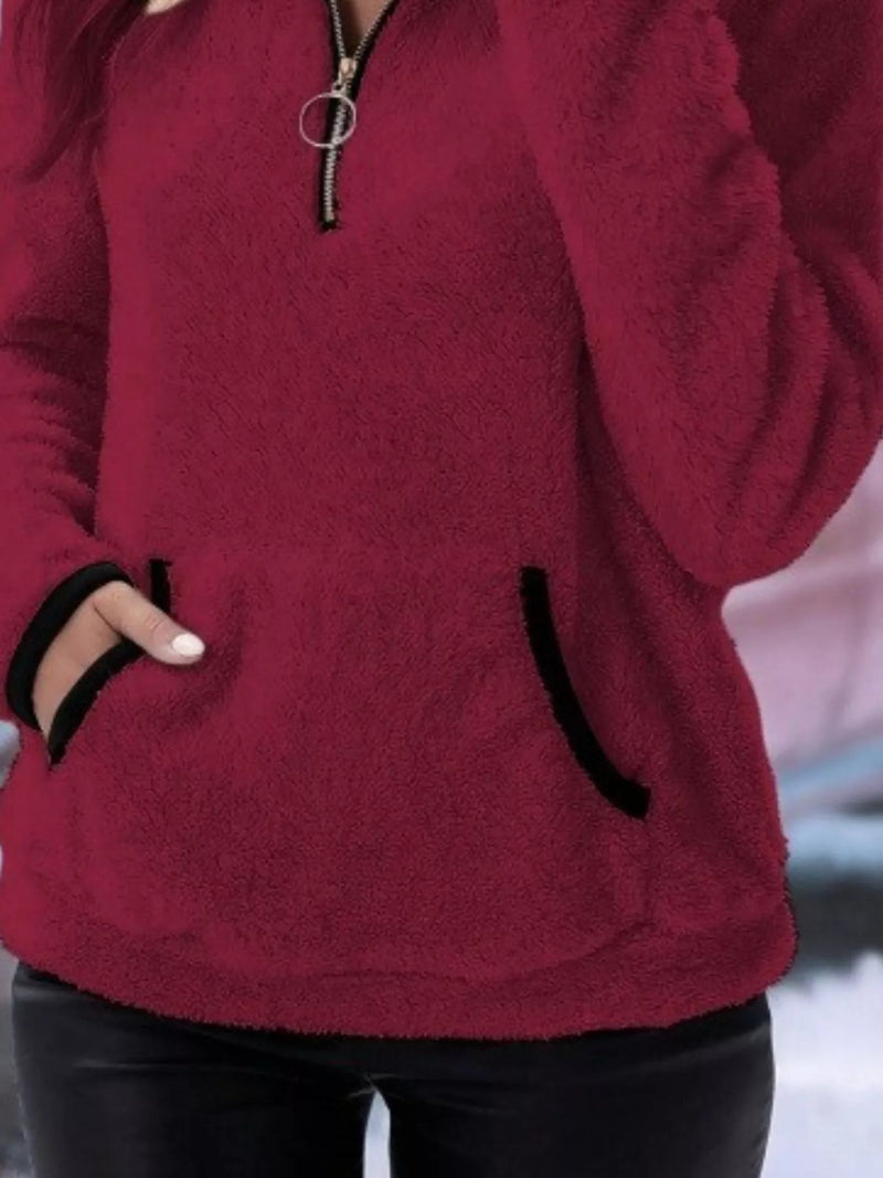 Women's Fleece Half-Zip Pullover - Stand Collar Front Pocket