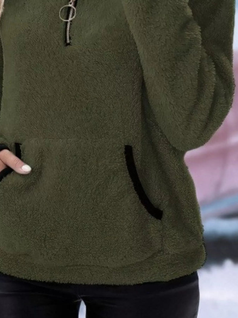 Women's Fleece Half-Zip Pullover - Stand Collar Front Pocket