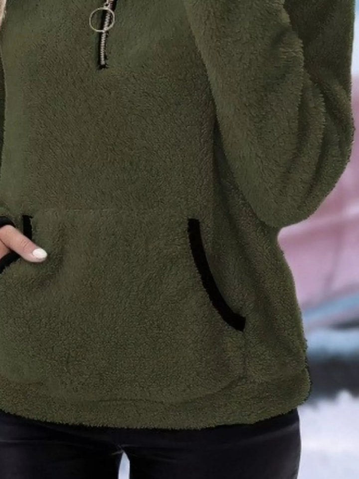 Women's Fleece Half-Zip Pullover - Stand Collar Front Pocket