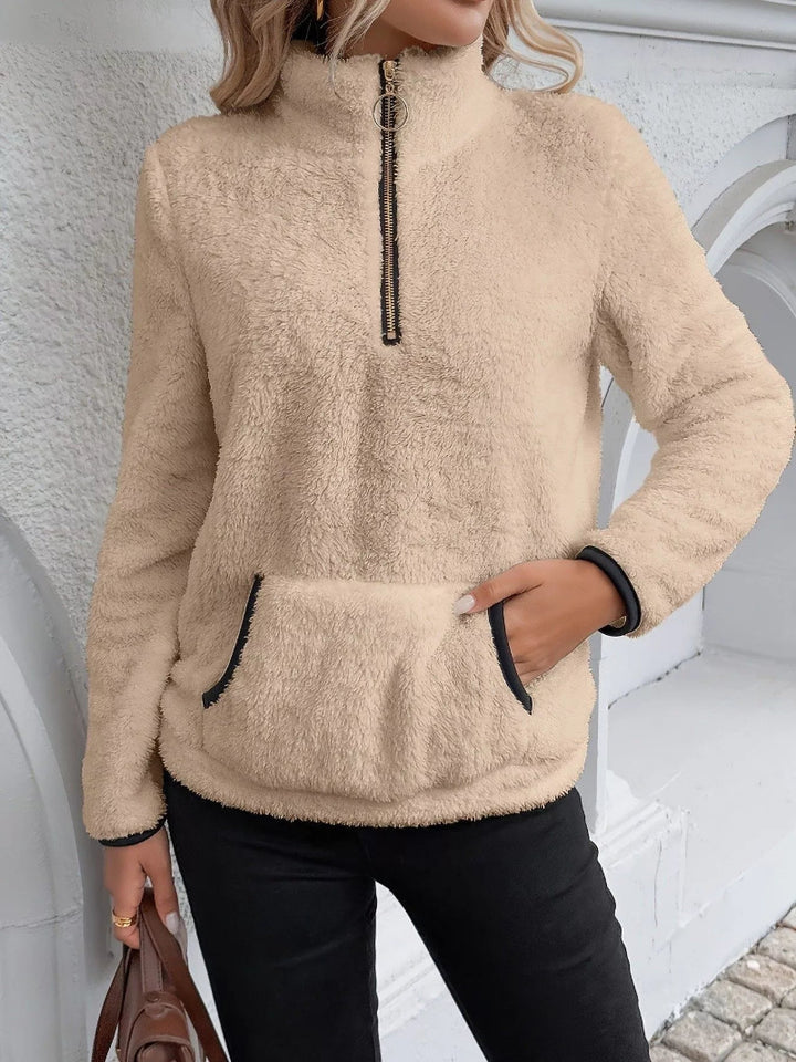 Women's Fleece Half-Zip Pullover - Stand Collar Front Pocket