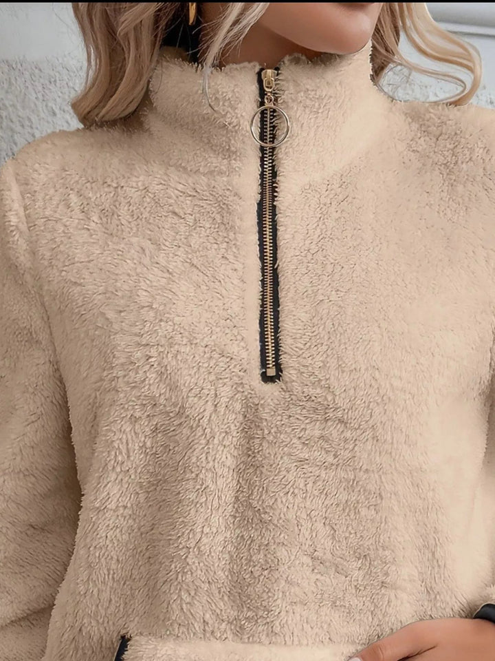 Women's Fleece Half-Zip Pullover - Stand Collar Front Pocket