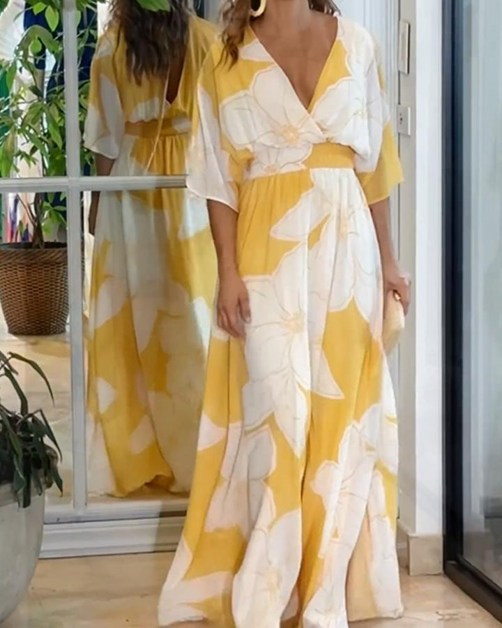 Women's Floral Maxi Dress - V-Neck Wrap Front Half Sleeve