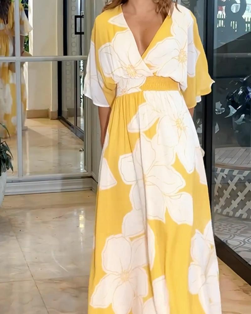 Women's Floral Maxi Dress - V-Neck Wrap Front Half Sleeve