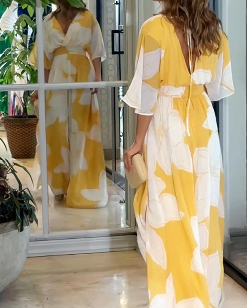 Women's Floral Maxi Dress - V-Neck Wrap Front Half Sleeve