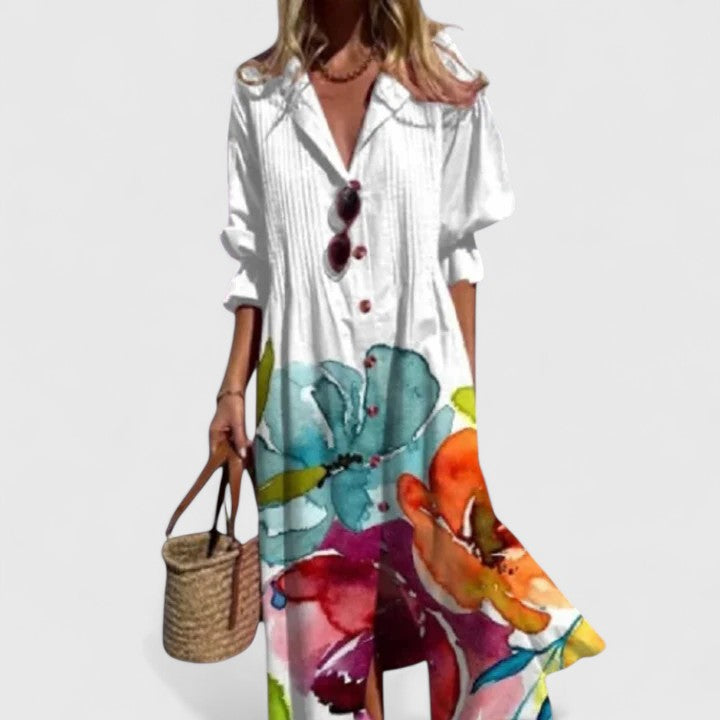 Women's Floral Print Shirt Dress - Long Sleeve Button Front Maxi
