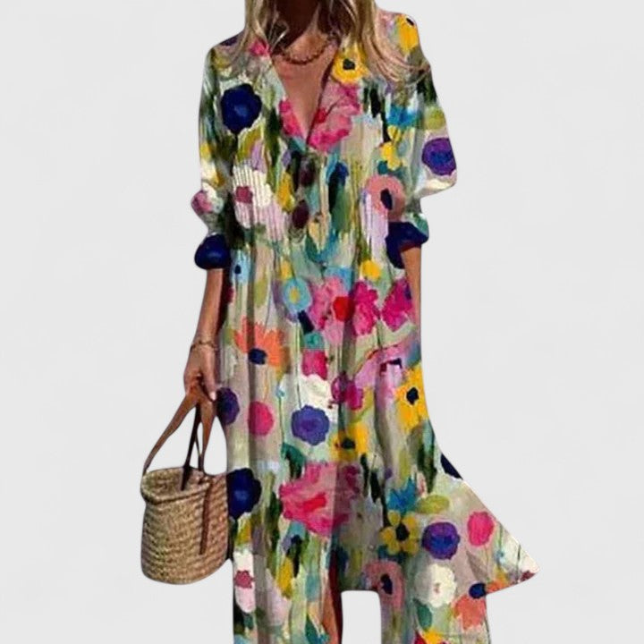 Women's Floral Print Shirt Dress - Long Sleeve Button Front Maxi
