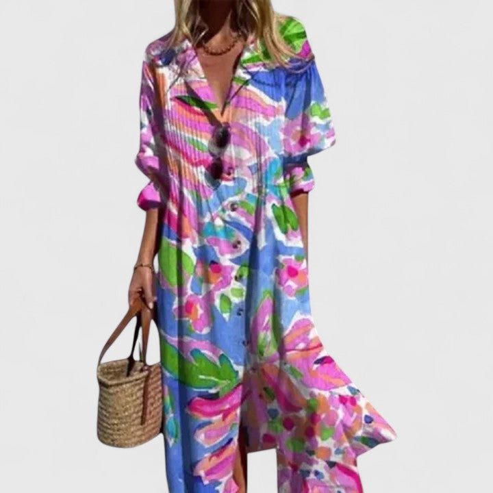 Women's Floral Print Shirt Dress - Long Sleeve Button Front Maxi
