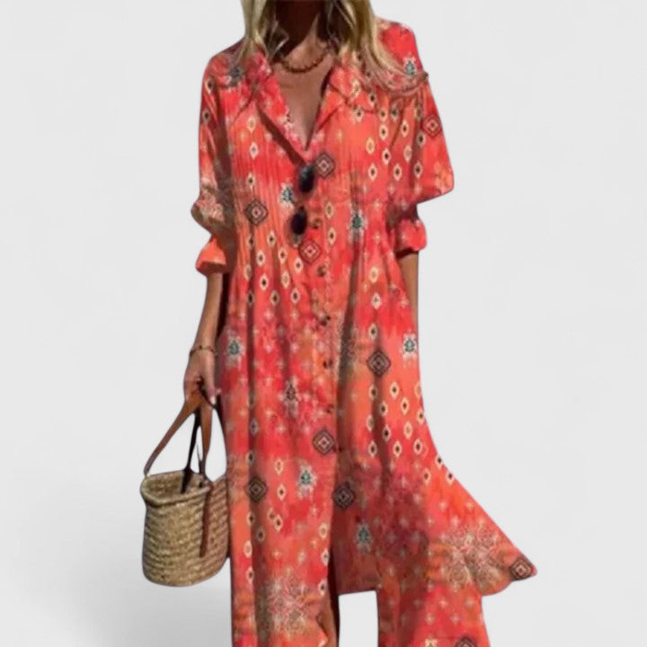 Women's Floral Print Shirt Dress - Long Sleeve Button Front Maxi