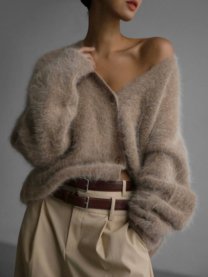 Women's Fluffy Knit Cardigan - Oversized V-Neck Long Sleeve Open Front