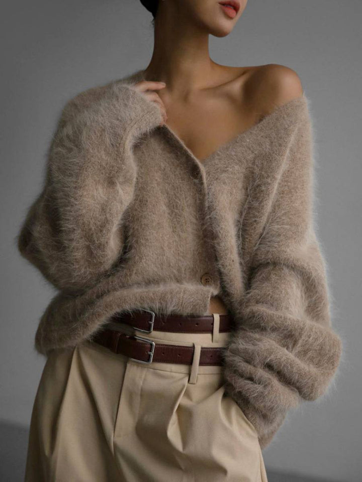 Women's Fluffy Knit Cardigan - Oversized V-Neck Long Sleeve Open Front