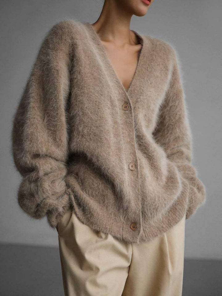Women's Fluffy Knit Cardigan - Oversized V-Neck Long Sleeve Open Front