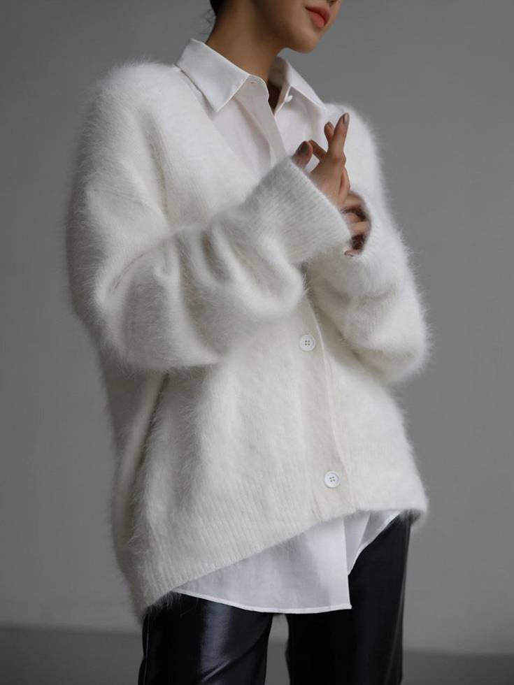 Women's Fluffy Knit Cardigan - Oversized V-Neck Long Sleeve Open Front