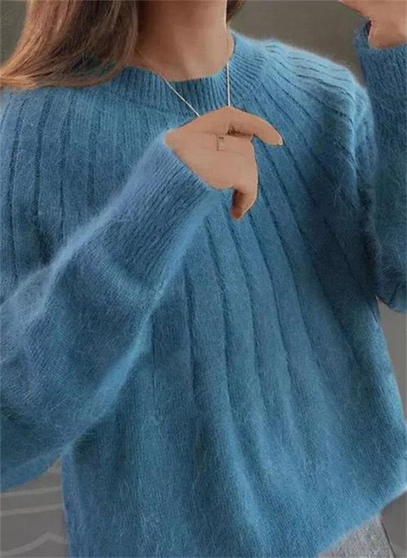 Women's Fluffy Ribbed Knit Sweater - Oversized Crew Neck Long Sleeve Pullover