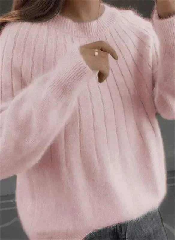 Women's Fluffy Ribbed Knit Sweater - Oversized Crew Neck Long Sleeve Pullover