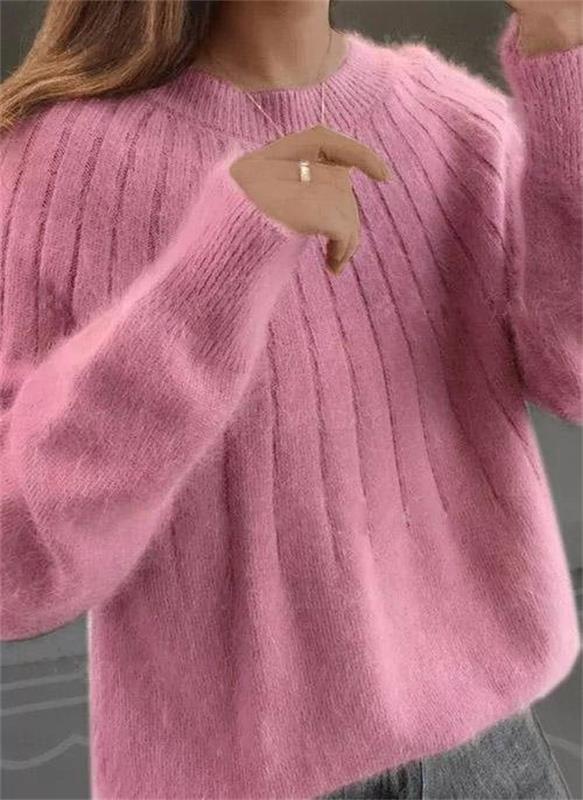 Women's Fluffy Ribbed Knit Sweater - Oversized Crew Neck Long Sleeve Pullover