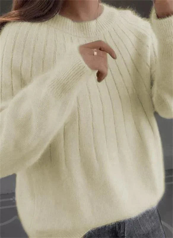 Women's Fluffy Ribbed Knit Sweater - Oversized Crew Neck Long Sleeve Pullover
