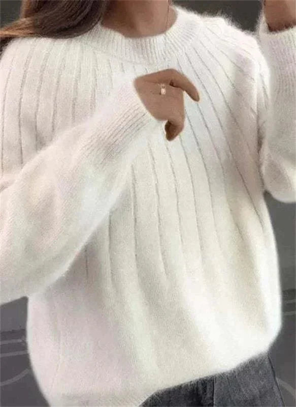 Women's Fluffy Ribbed Knit Sweater - Oversized Crew Neck Long Sleeve Pullover