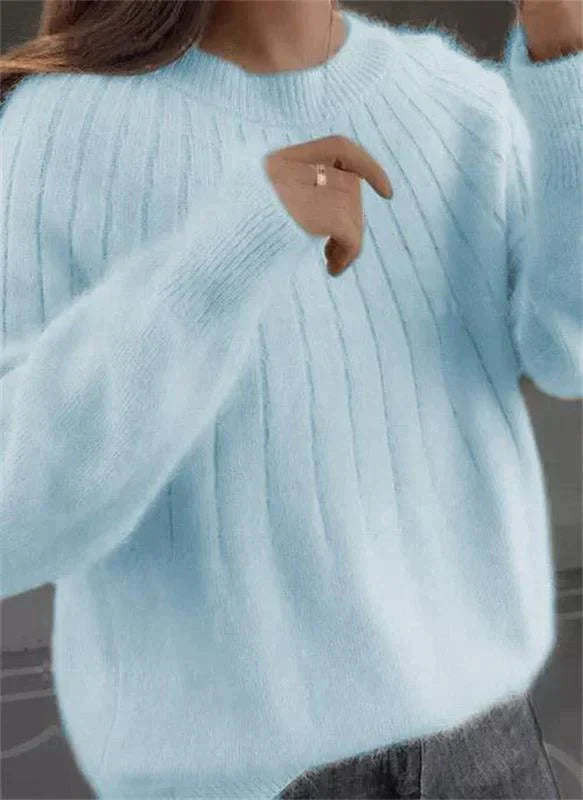 Women's Fluffy Ribbed Knit Sweater - Oversized Crew Neck Long Sleeve Pullover