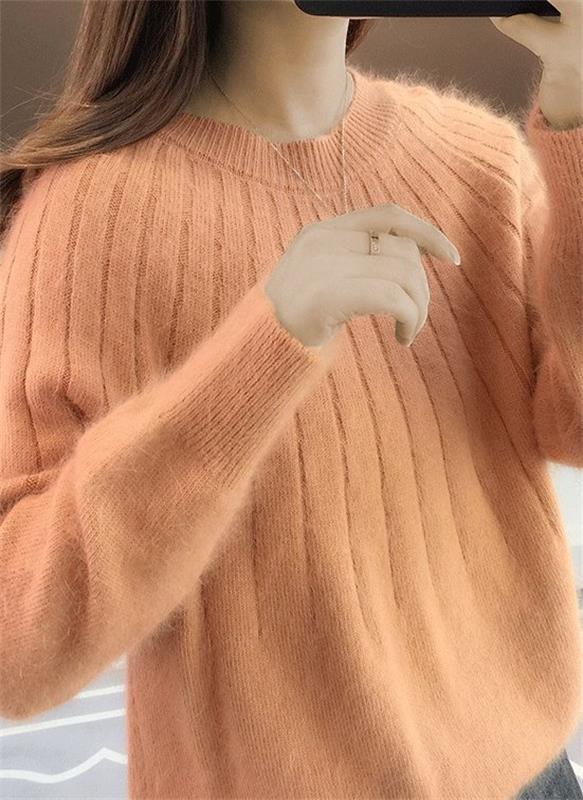 Women's Fluffy Ribbed Knit Sweater - Oversized Crew Neck Long Sleeve Pullover