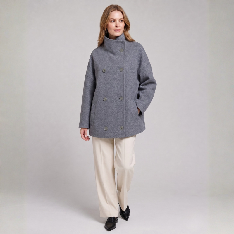 Women's Funnel Neck Short Coat - Button Front Coat