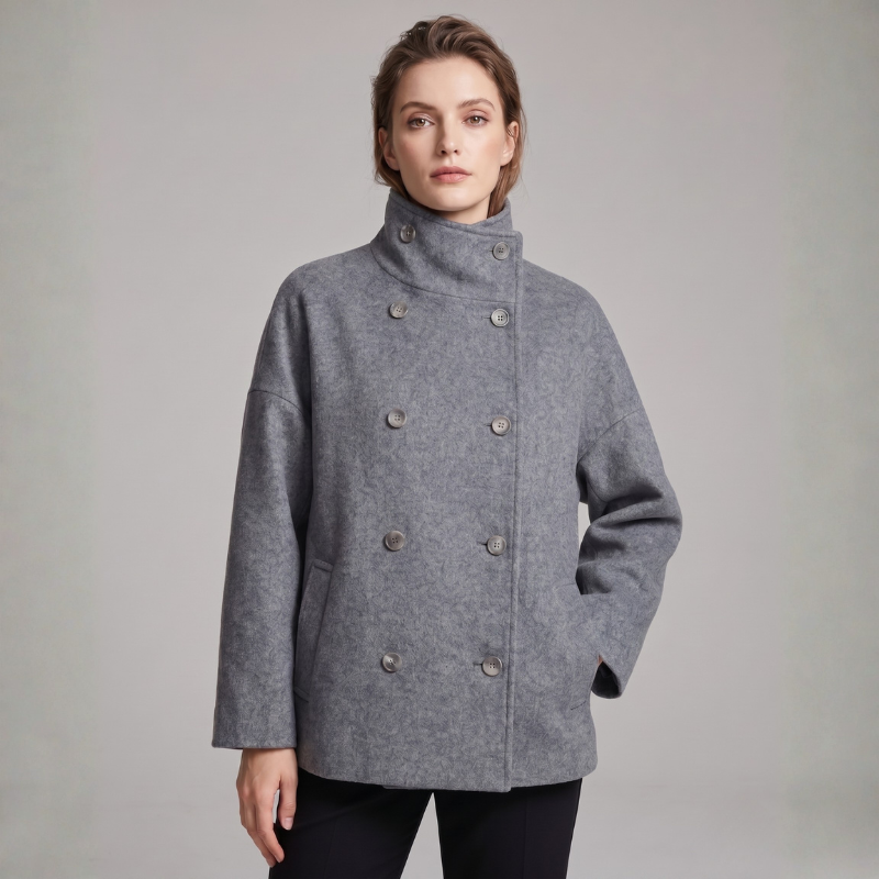 Women's Funnel Neck Short Coat - Button Front Coat