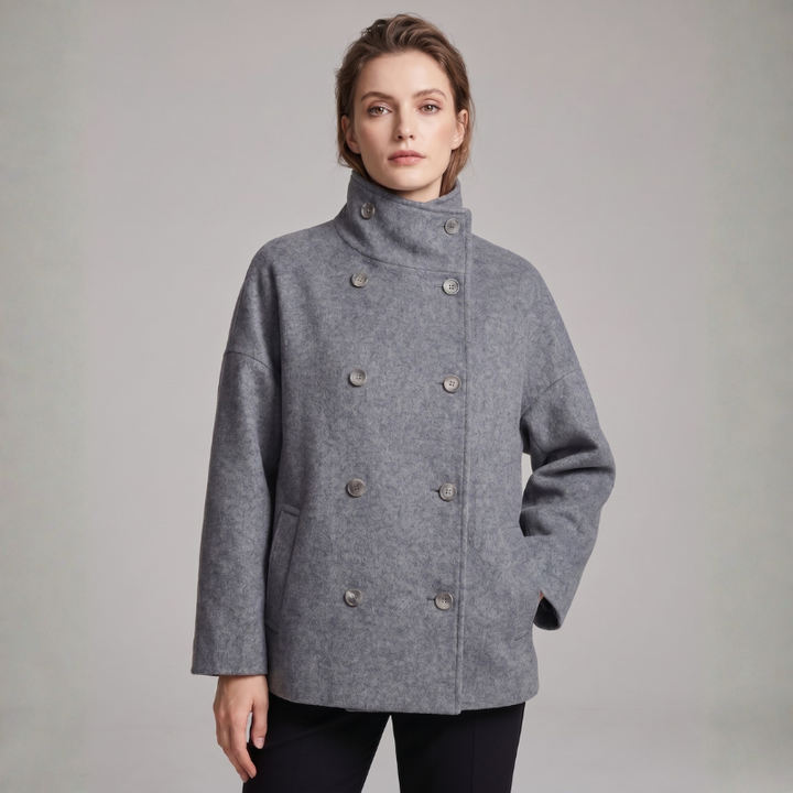 Women's Funnel Neck Short Coat - Button Front Coat