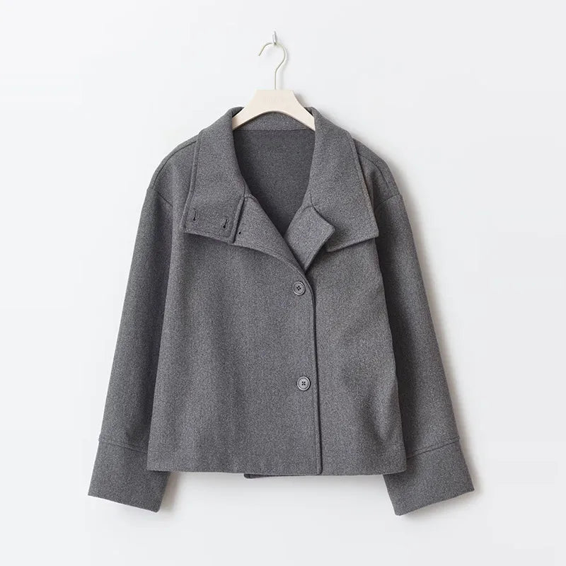Women's Funnel Neck Short Coat - Button Front Coat