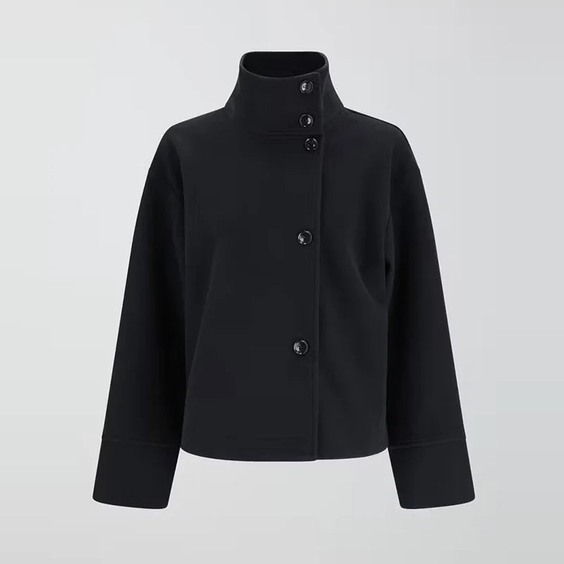 Women's Funnel Neck Short Coat - Button Front Coat