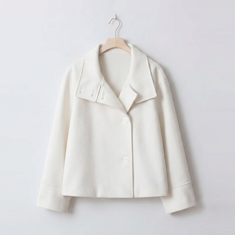 Women's Funnel Neck Short Coat - Button Front Coat