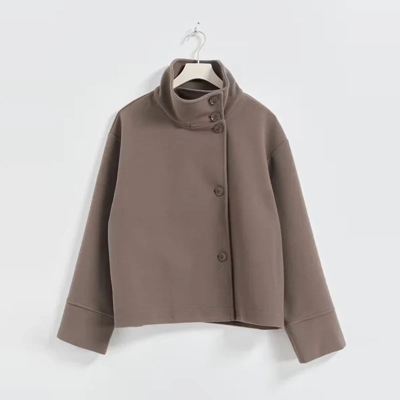 Women's Funnel Neck Short Coat - Button Front Coat