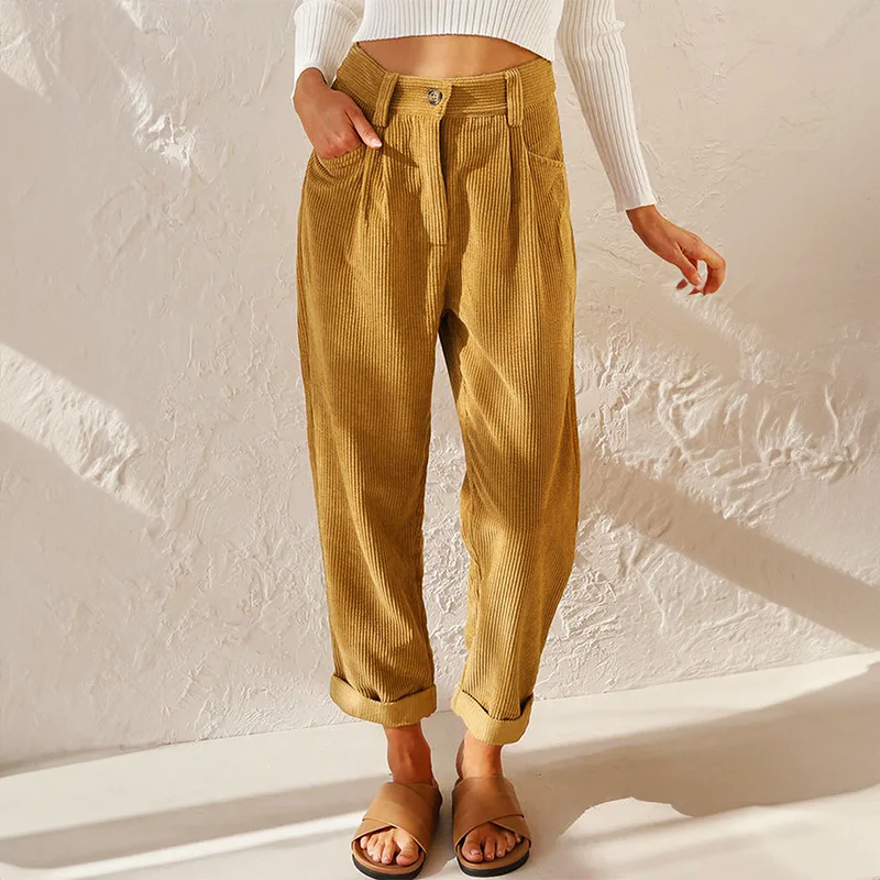 Women's High-Rise Corduroy Trousers - Tapered Leg Pleated Front Cropped