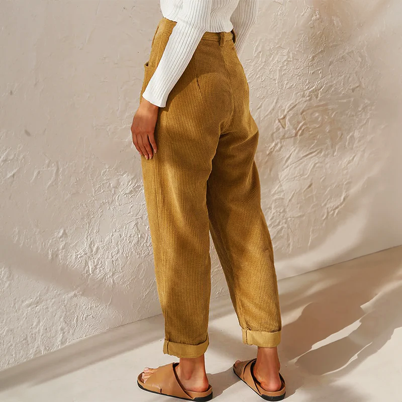 Women's High-Rise Corduroy Trousers - Tapered Leg Pleated Front Cropped