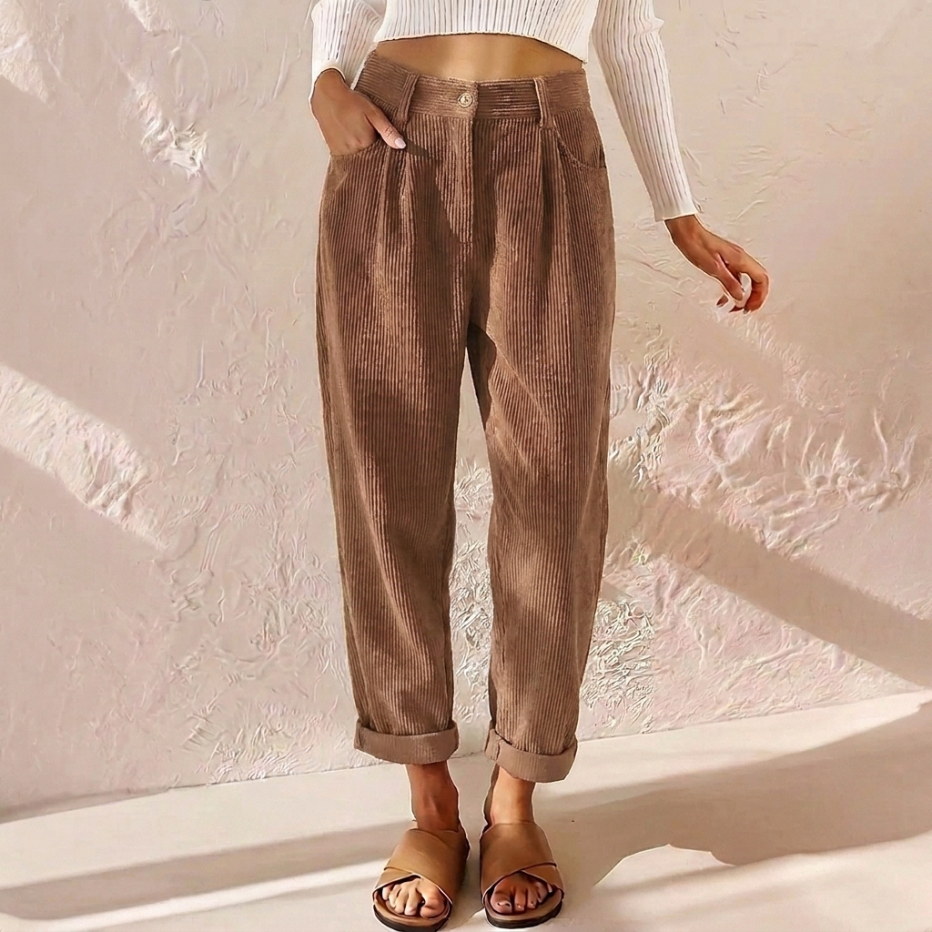 Women's High-Rise Corduroy Trousers - Tapered Leg Pleated Front Cropped