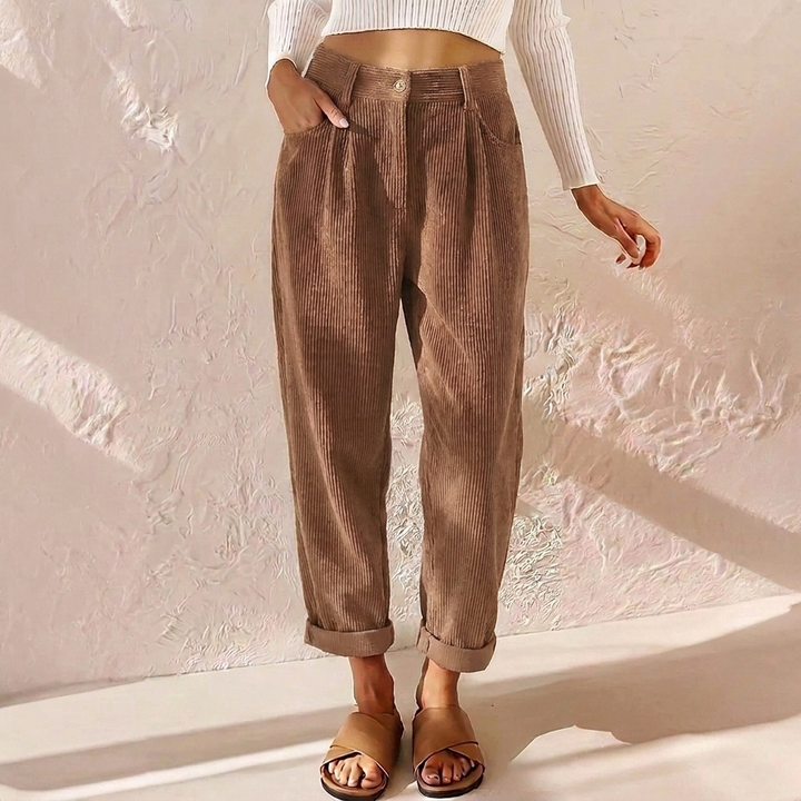 Women's High-Rise Corduroy Trousers - Tapered Leg Pleated Front Cropped