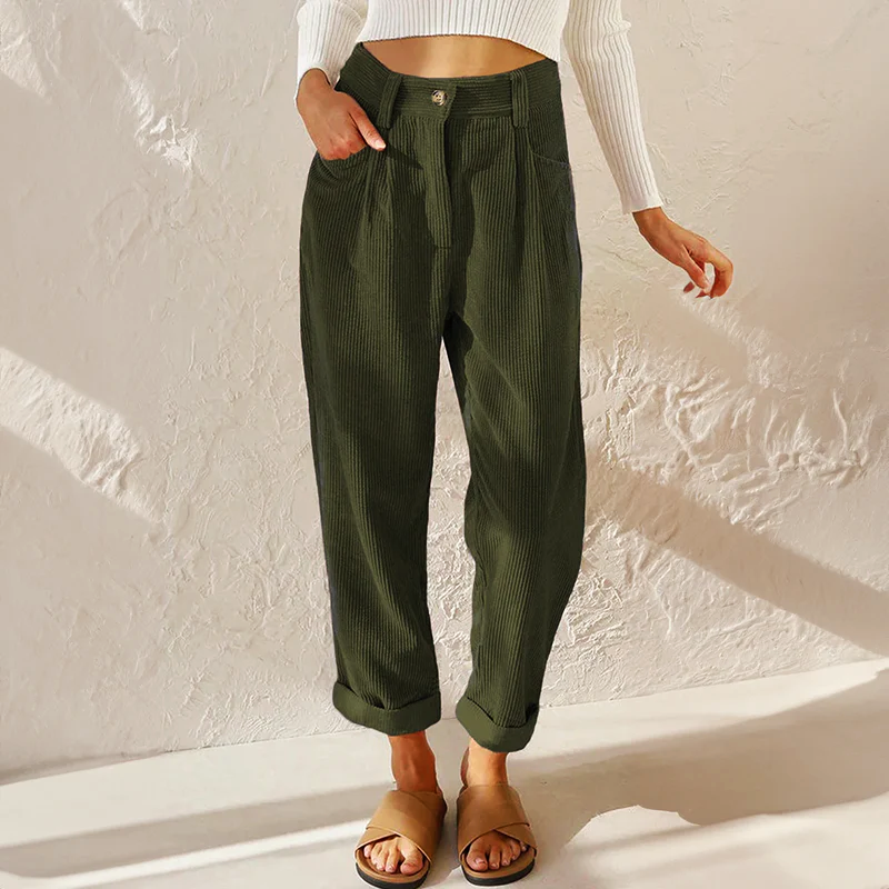 Women's High-Rise Corduroy Trousers - Tapered Leg Pleated Front Cropped