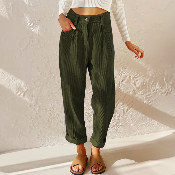 Women's High-Rise Corduroy Trousers - Tapered Leg Pleated Front Cropped