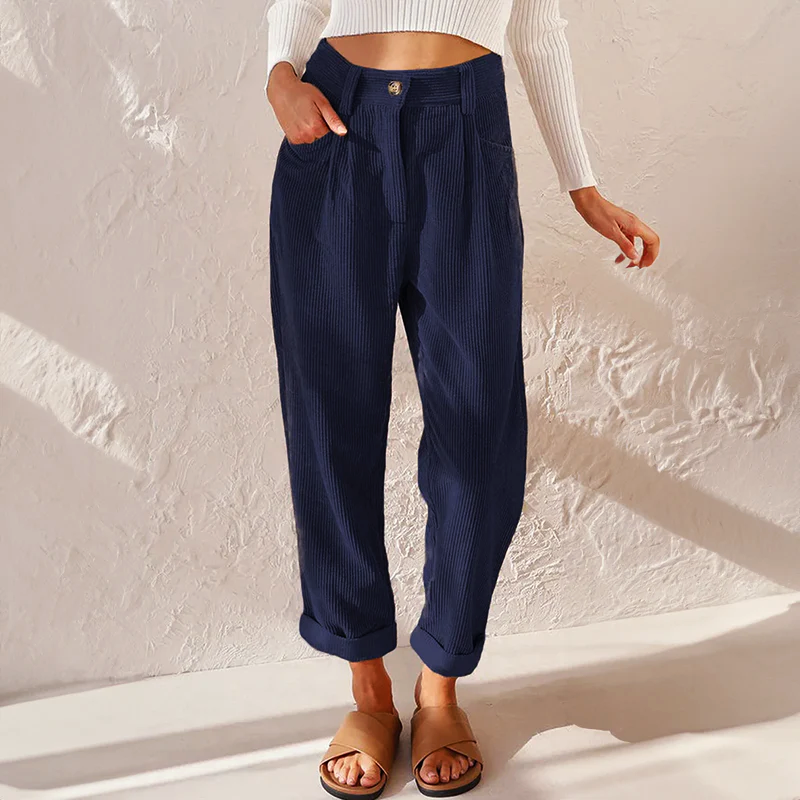 Women's High-Rise Corduroy Trousers - Tapered Leg Pleated Front Cropped
