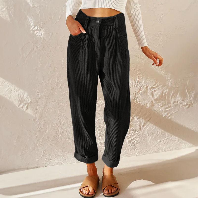 Women's High-Rise Corduroy Trousers - Tapered Leg Pleated Front Cropped