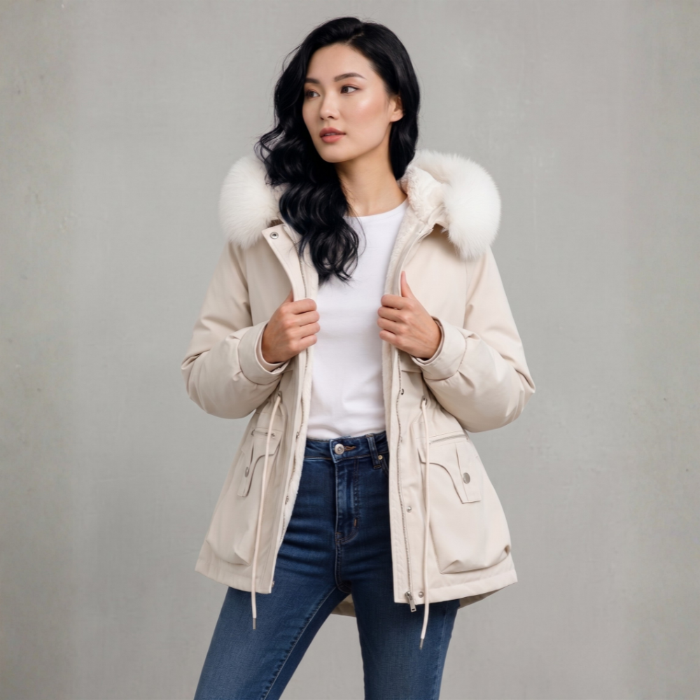Women's Hooded Parka Jacket - Fur Trim Drawstring Waist