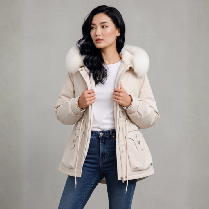 Women's Hooded Parka Jacket - Fur Trim Drawstring Waist