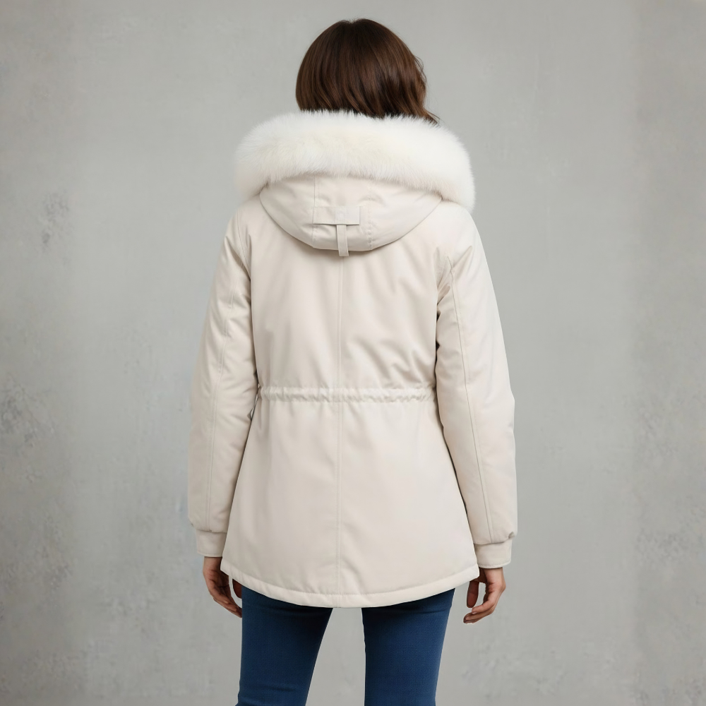 Women's Hooded Parka Jacket - Fur Trim Drawstring Waist