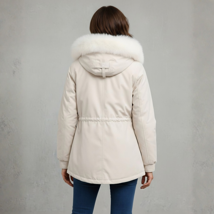 Women's Hooded Parka Jacket - Fur Trim Drawstring Waist