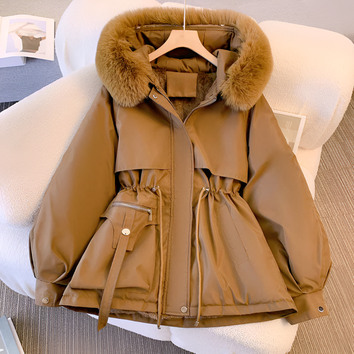 Women's Hooded Parka Jacket - Fur Trim Drawstring Waist