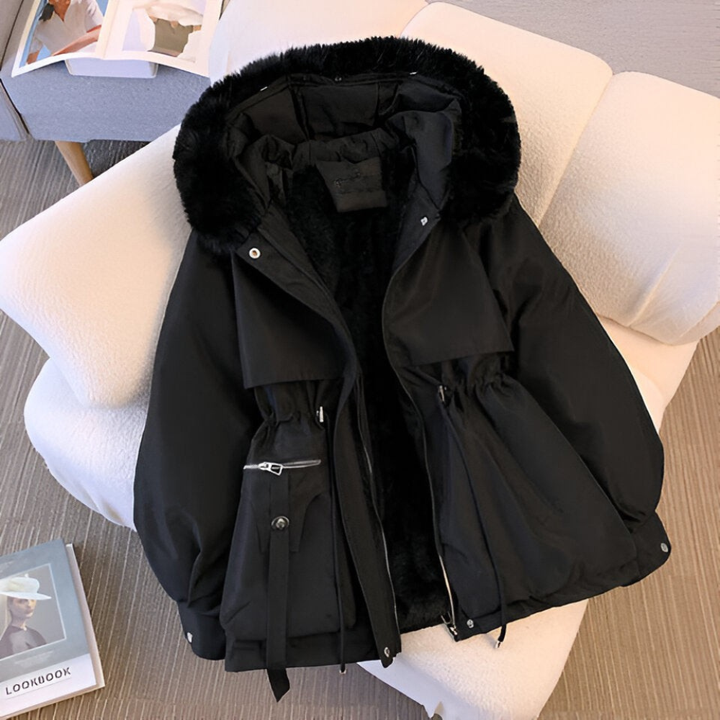 Women's Hooded Parka Jacket - Fur Trim Drawstring Waist