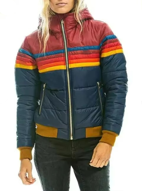 Women's Hooded Puffer Jacket - Full-Zip Stripe Panel