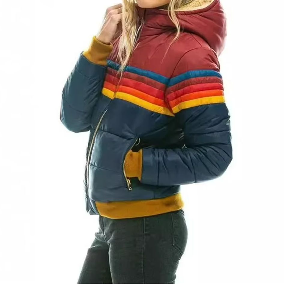 Women's Hooded Puffer Jacket - Full-Zip Stripe Panel