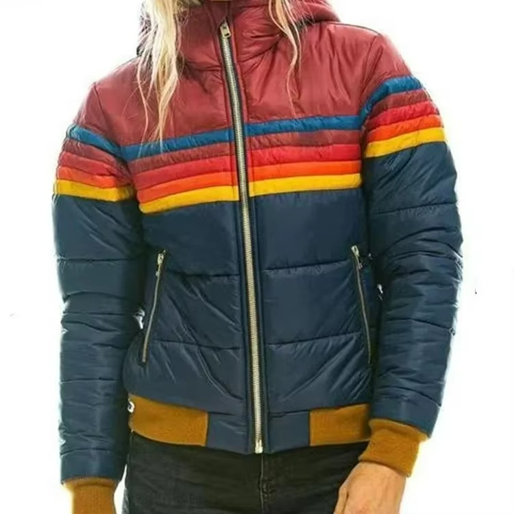 Women's Hooded Puffer Jacket - Full-Zip Stripe Panel
