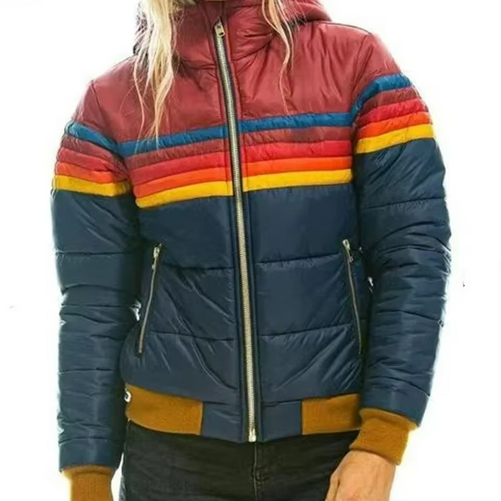 Women's Hooded Puffer Jacket - Full-Zip Stripe Panel